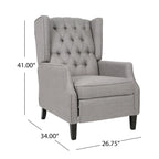 Fauteuil inclinable gris en tissu de style Mid-Century avec oreilles, mécanisme à poussoir, repose-pieds et dossier capitonné.