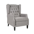 Fauteuil inclinable gris en tissu de style Mid-Century avec oreilles, mécanisme à poussoir, repose-pieds et dossier capitonné.