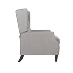 Fauteuil inclinable gris en tissu de style Mid-Century avec oreilles, mécanisme à poussoir, repose-pieds et dossier capitonné.