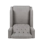 Fauteuil inclinable gris en tissu de style Mid-Century avec oreilles, mécanisme à poussoir, repose-pieds et dossier capitonné.