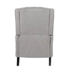 Fauteuil inclinable gris en tissu de style Mid-Century avec oreilles, mécanisme à poussoir, repose-pieds et dossier capitonné.