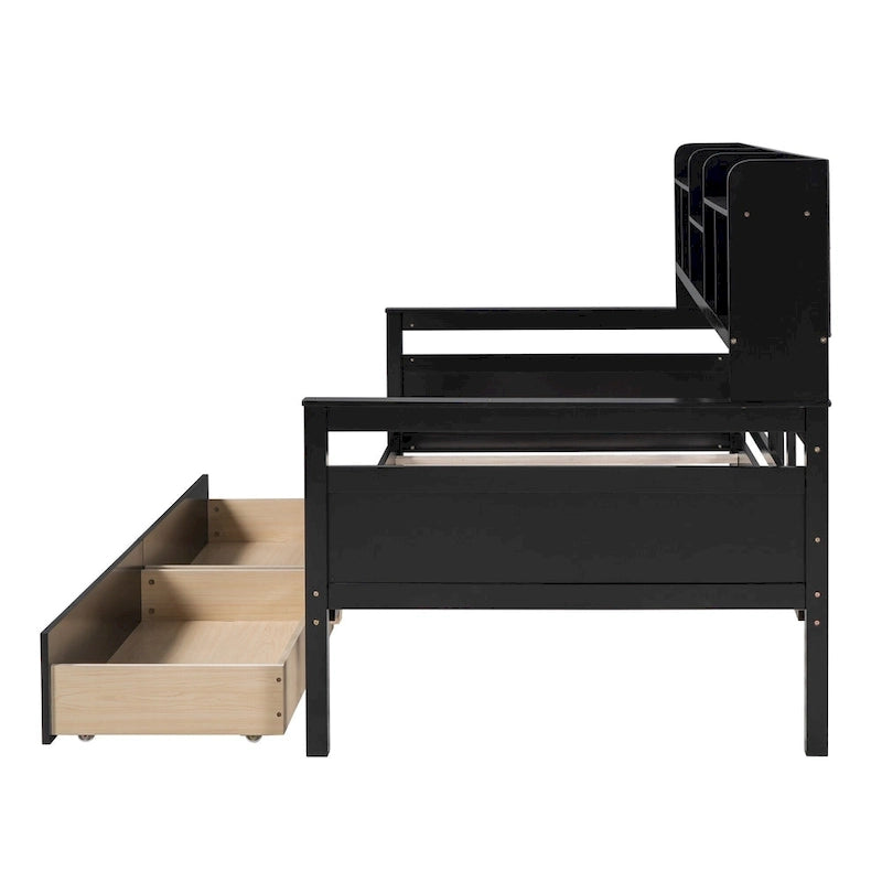 Twin Size Wood Daybed with Shelves and Drawers