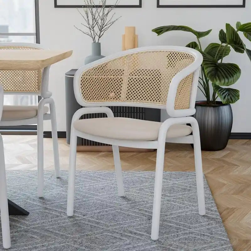 Modern Stylish Side Chair with Rattan Back and White Steel Legs for Dining Room & Kitchen