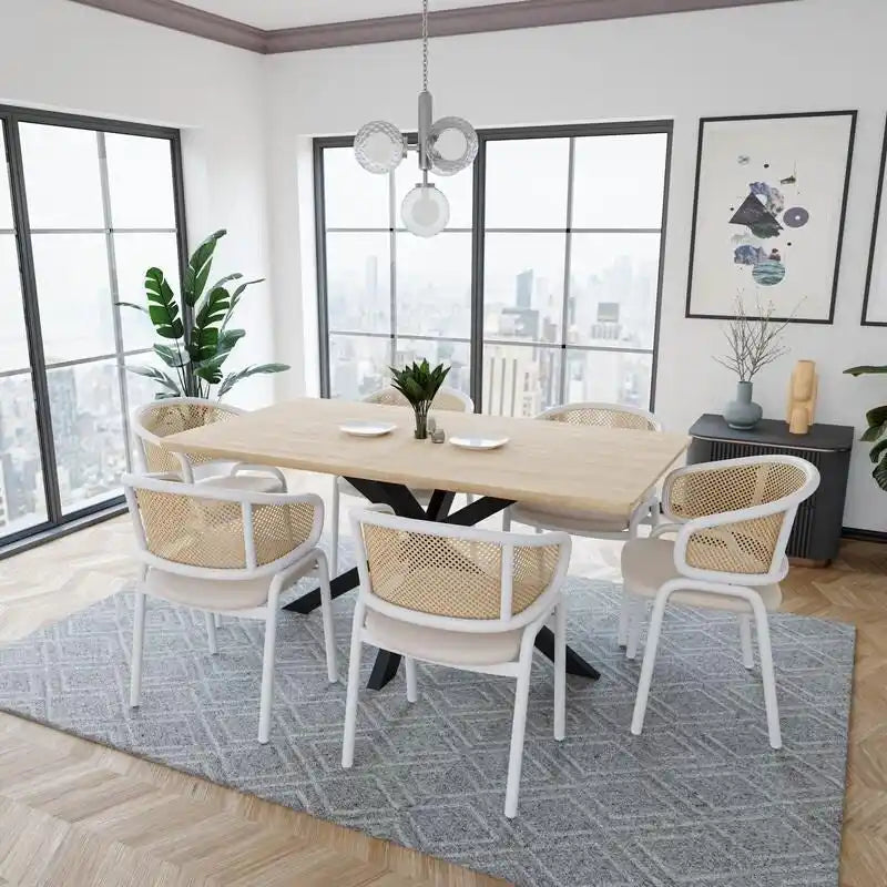 Modern Stylish Side Chair with Rattan Back and White Steel Legs for Dining Room & Kitchen