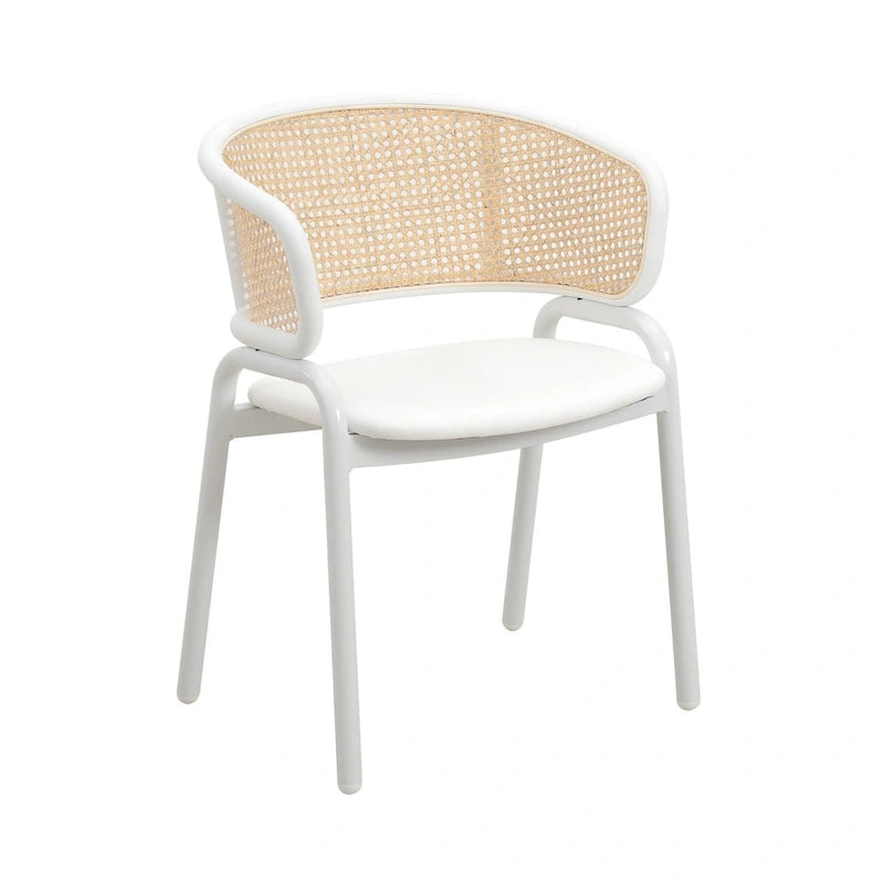 Modern Stylish Side Chair with Rattan Back and White Steel Legs for Dining Room & Kitchen