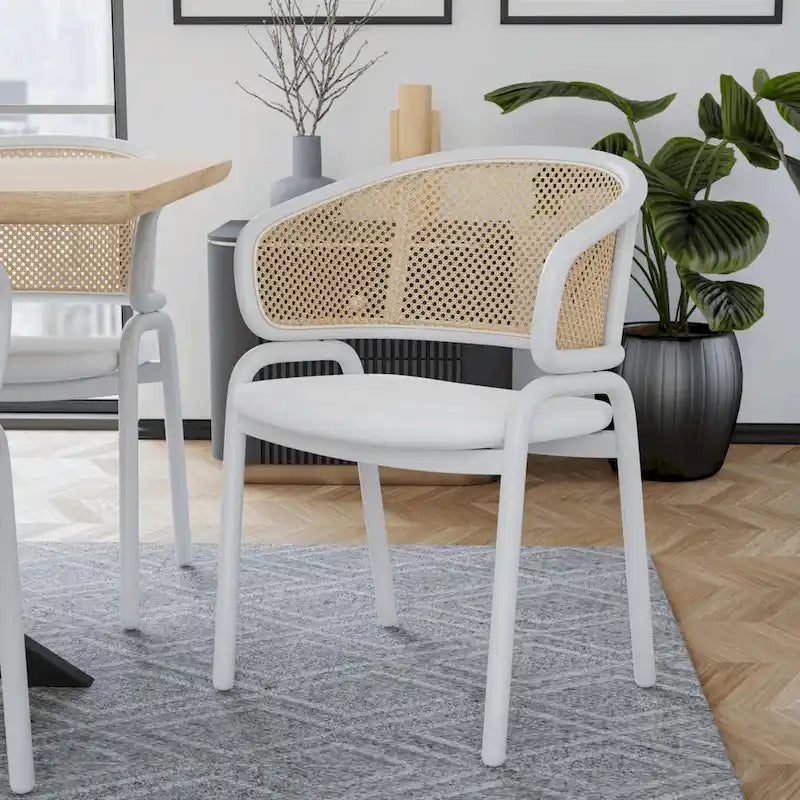 Modern Stylish Side Chair with Rattan Back and White Steel Legs for Dining Room & Kitchen