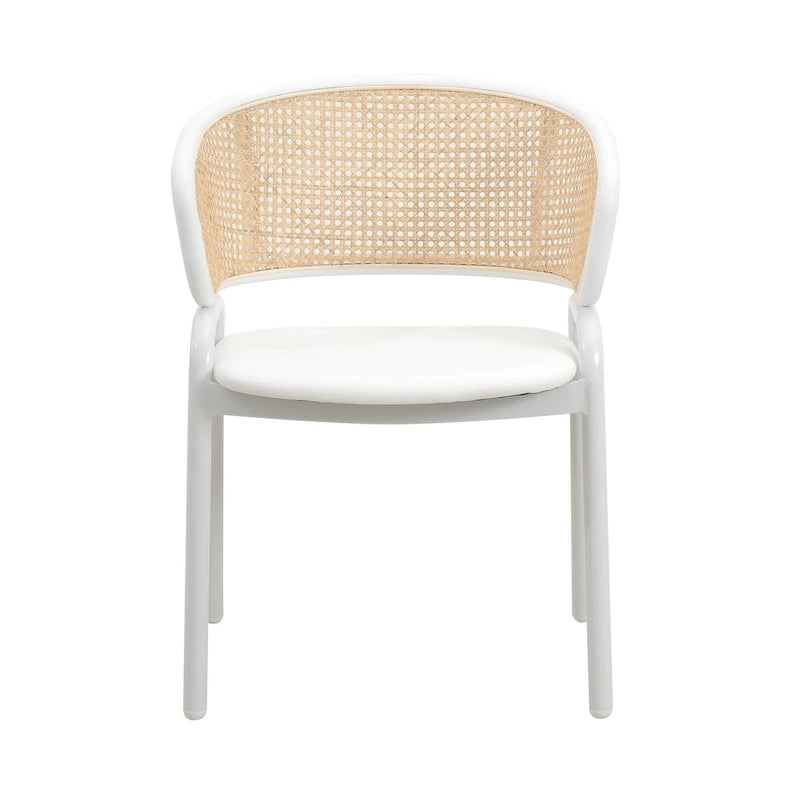 Modern Stylish Side Chair with Rattan Back and White Steel Legs for Dining Room & Kitchen