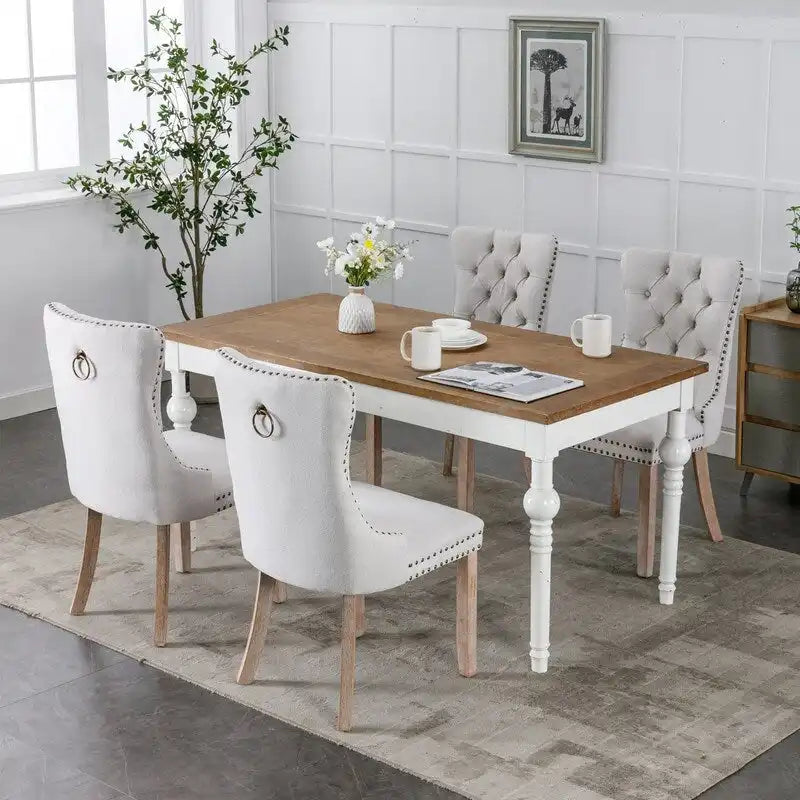 Tufted Upholstered Linen Dining Chair with Solid Wood Legs, Set of 2