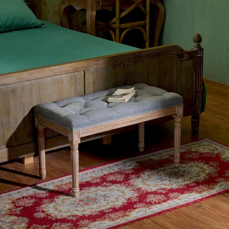 French Vintage Upholstered Bench with Carved Solid Wood Frame