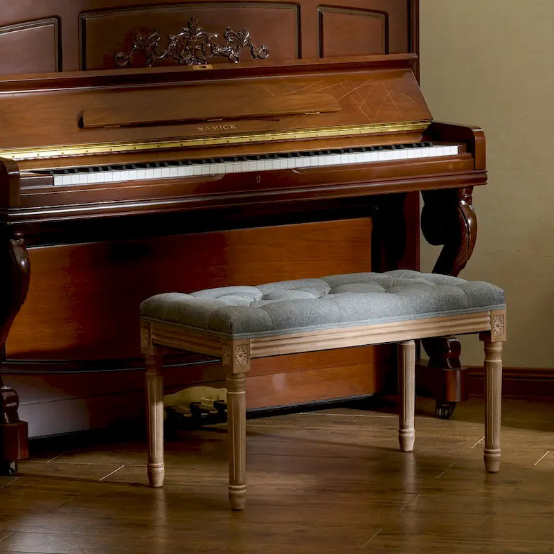 French Vintage Upholstered Bench with Carved Solid Wood Frame