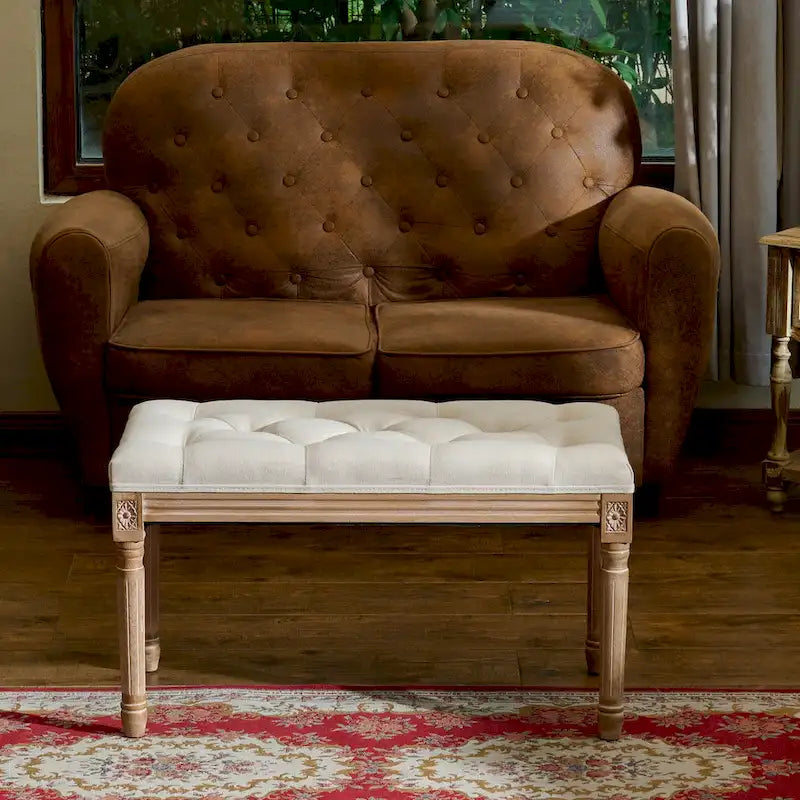 French Vintage Upholstered Bench with Carved Solid Wood Frame