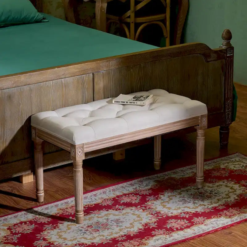 French Vintage Upholstered Bench with Carved Solid Wood Frame