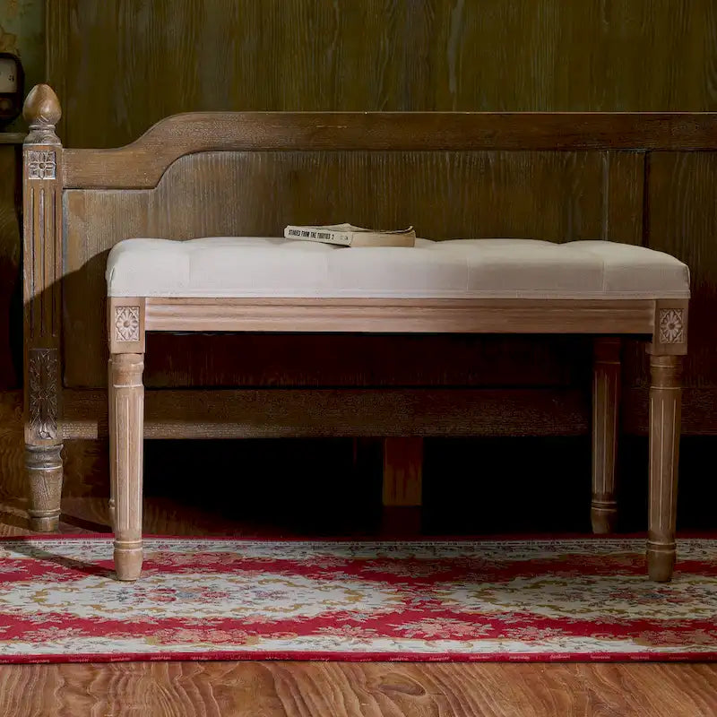 French Vintage Upholstered Bench with Carved Solid Wood Frame