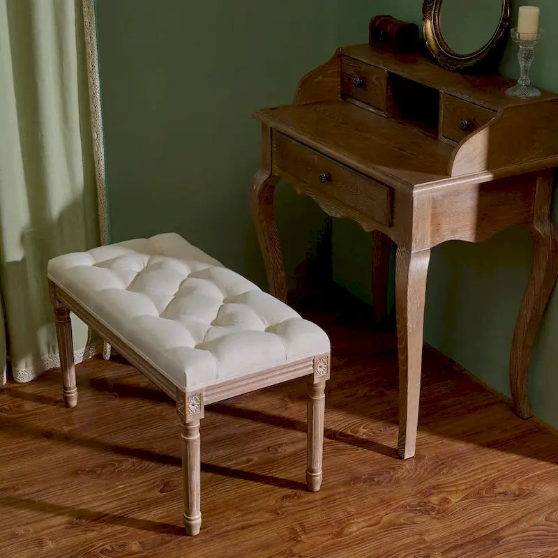 French Vintage Upholstered Bench with Carved Solid Wood Frame