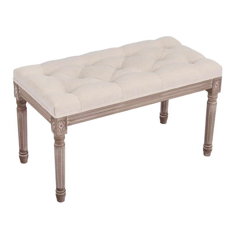 French Vintage Upholstered Bench with Carved Solid Wood Frame