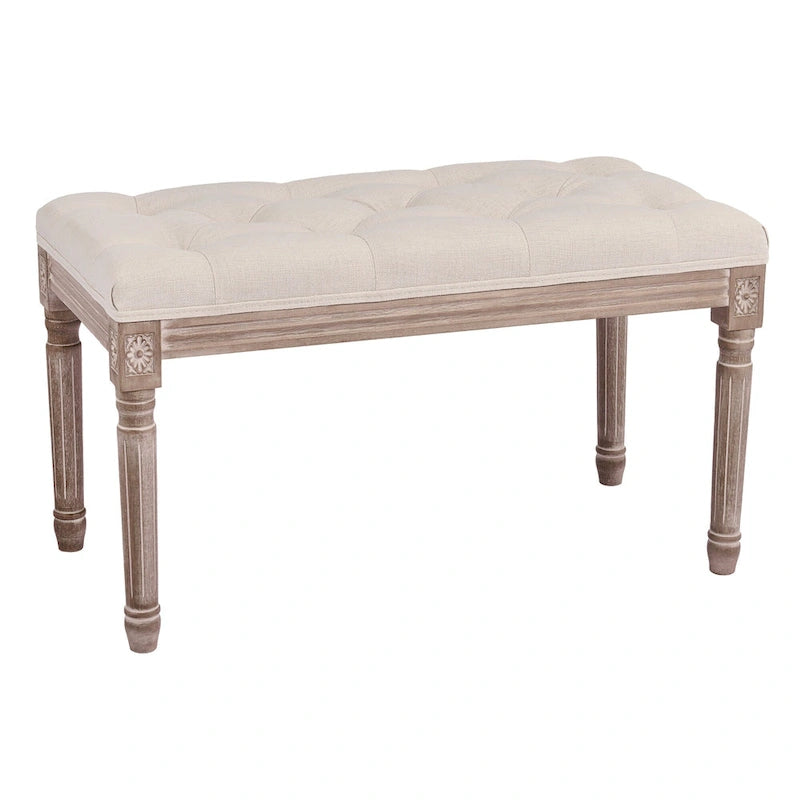 French Vintage Upholstered Bench with Carved Solid Wood Frame