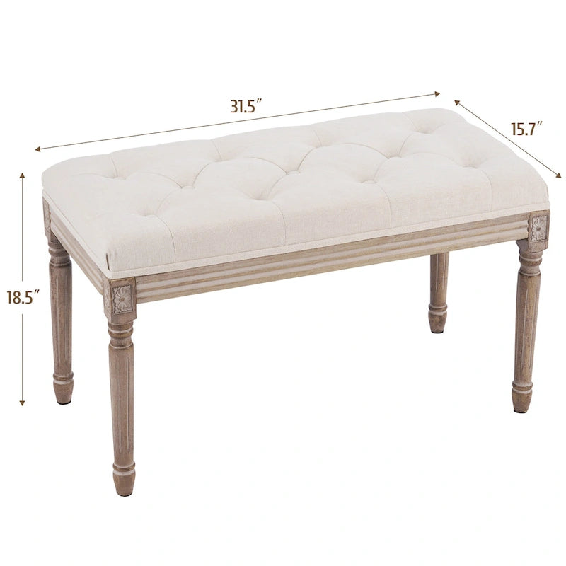 French Vintage Upholstered Bench with Carved Solid Wood Frame