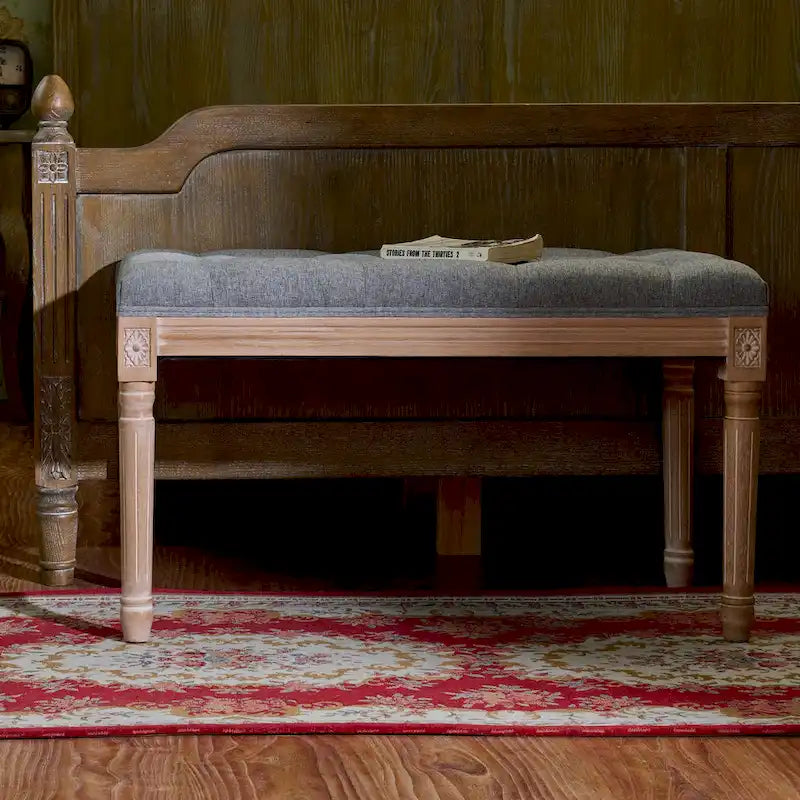 French Vintage Upholstered Bench with Carved Solid Wood Frame