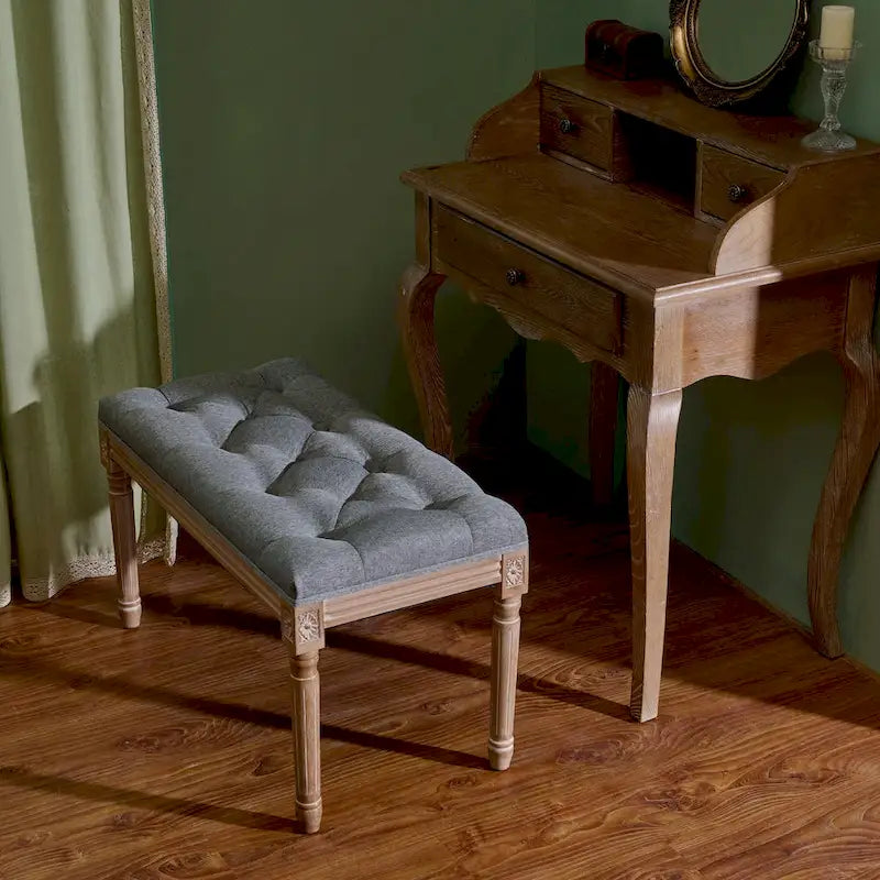 French Vintage Upholstered Bench with Carved Solid Wood Frame
