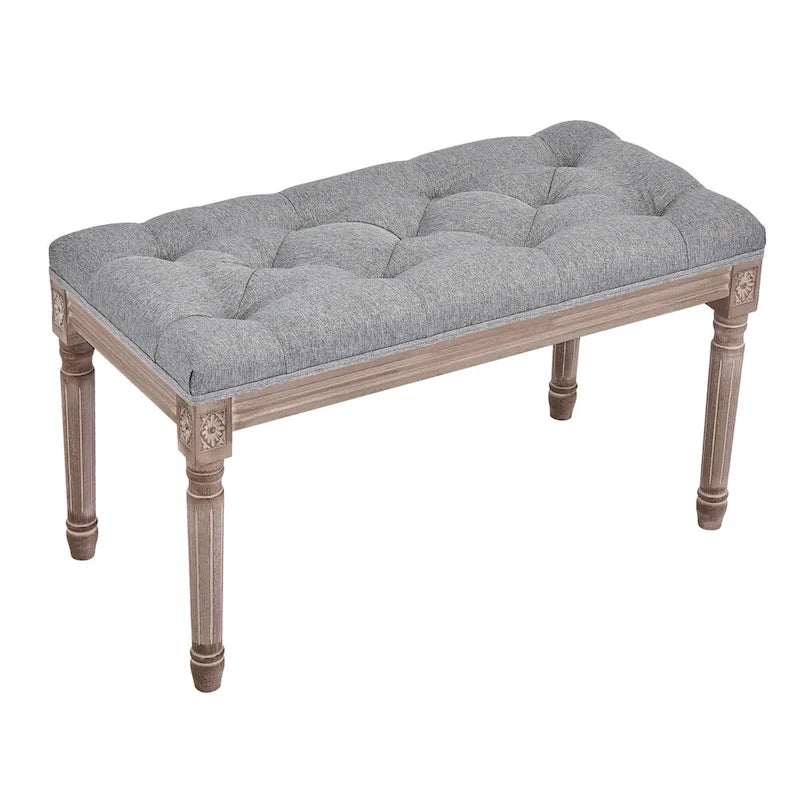 French Vintage Upholstered Bench with Carved Solid Wood Frame