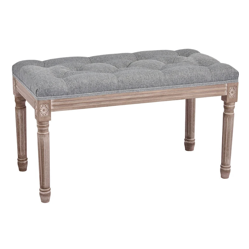 French Vintage Upholstered Bench with Carved Solid Wood Frame