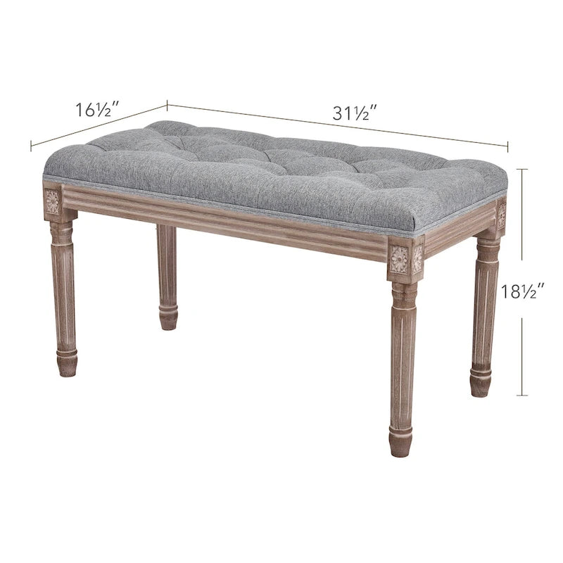 French Vintage Upholstered Bench with Carved Solid Wood Frame