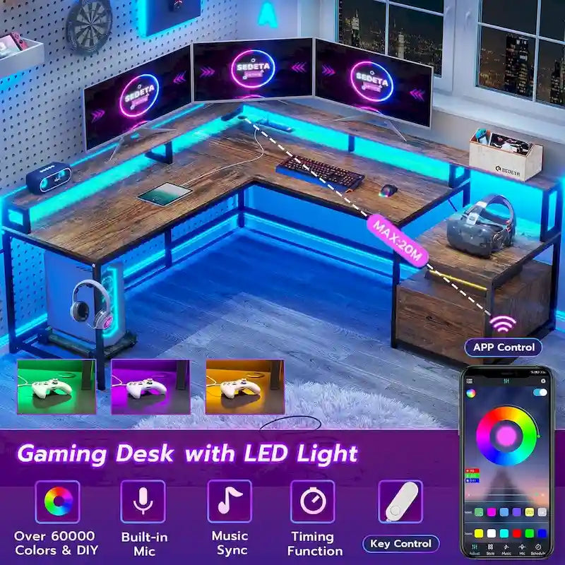 L Shape Gaming Computer Desk with File Drawer Printer Storage Shelves