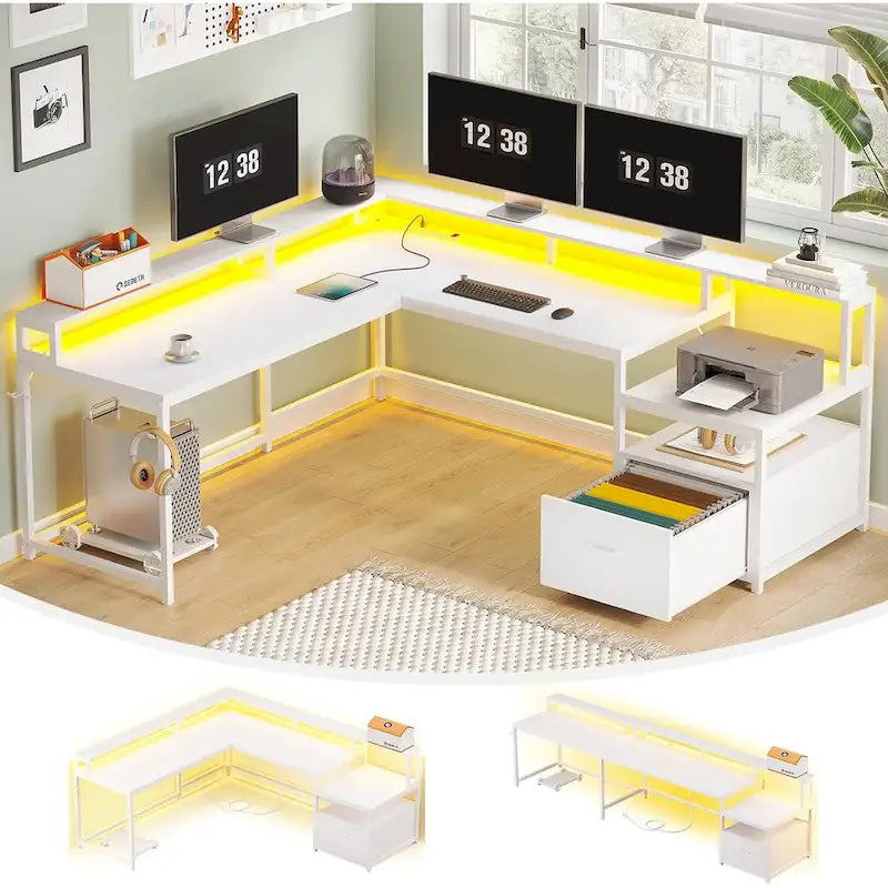 L Shape Gaming Computer Desk with File Drawer Printer Storage Shelves
