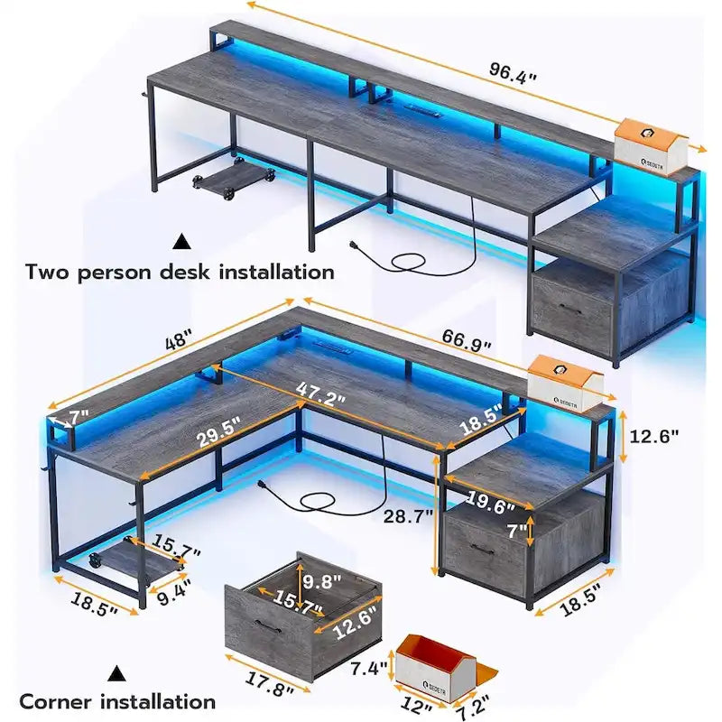 L Shape Gaming Computer Desk with File Drawer Printer Storage Shelves