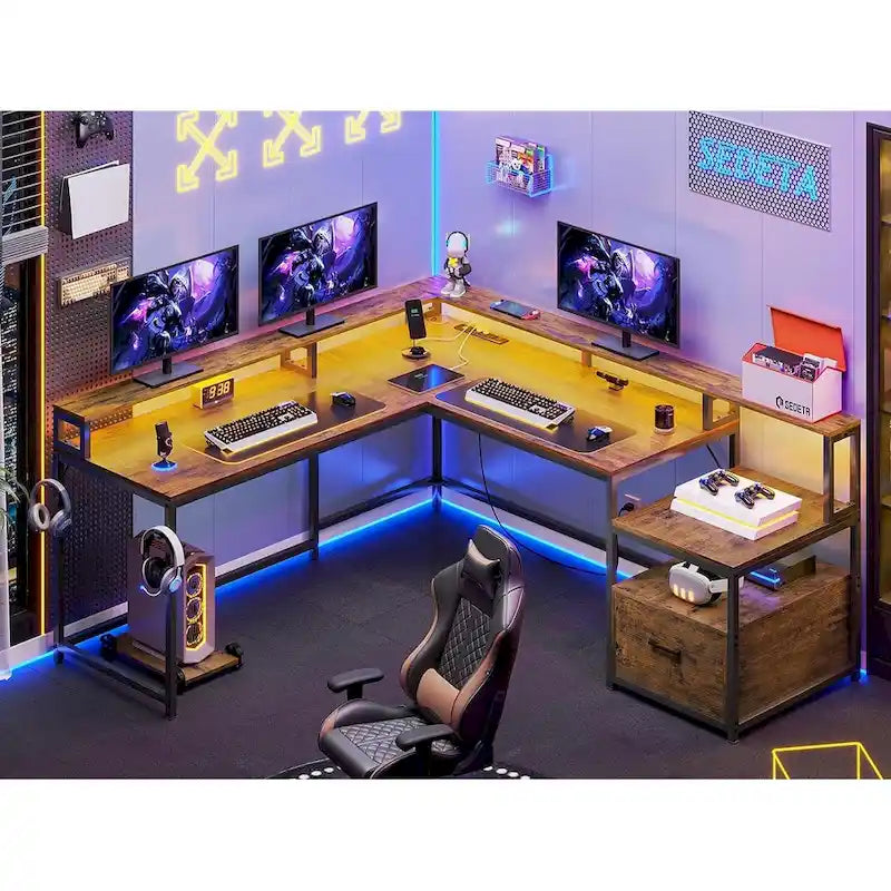L Shape Gaming Computer Desk with File Drawer Printer Storage Shelves