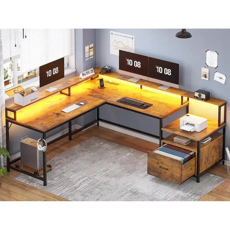 L Shape Gaming Computer Desk with File Drawer Printer Storage Shelves