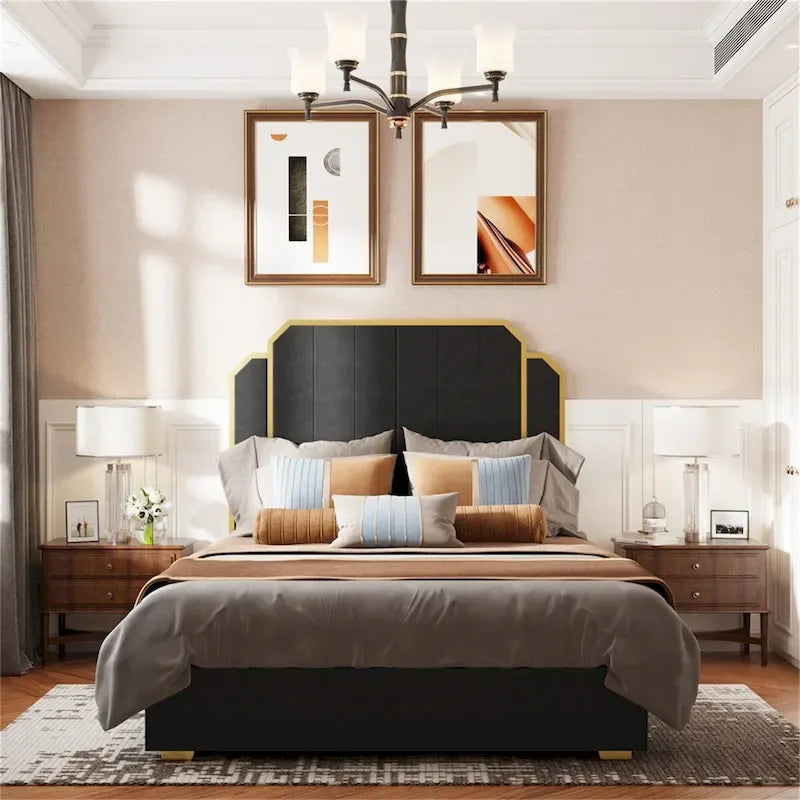 Queen Size Bed Frame and 59.06 Headboard with Golden Plating Trim