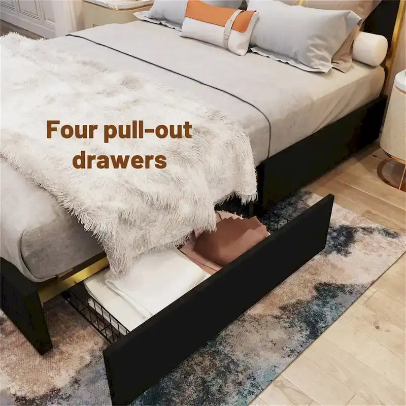 Queen Size Bed Frame and 59.06 Headboard with Golden Plating Trim