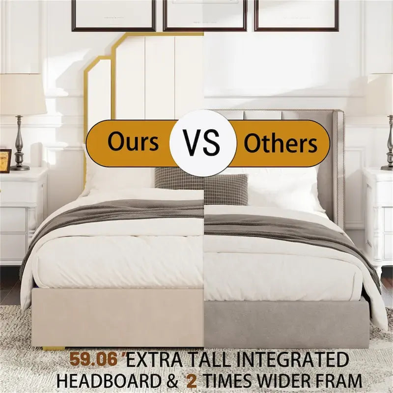 Queen Size Bed Frame and 59.06 Headboard with Golden Plating Trim