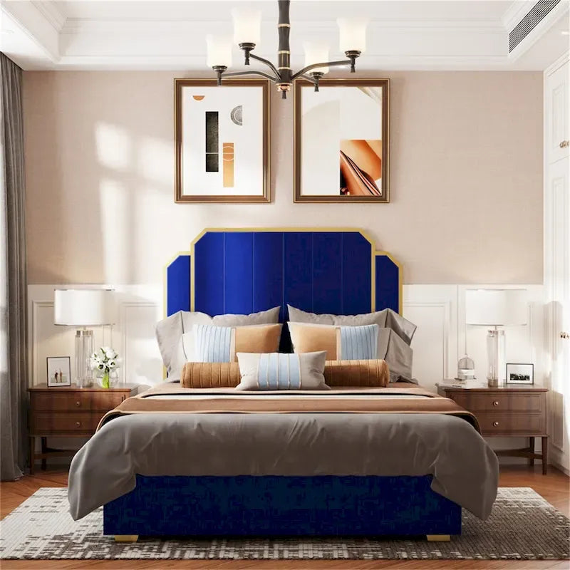Queen Size Bed Frame and 59.06 Headboard with Golden Plating Trim