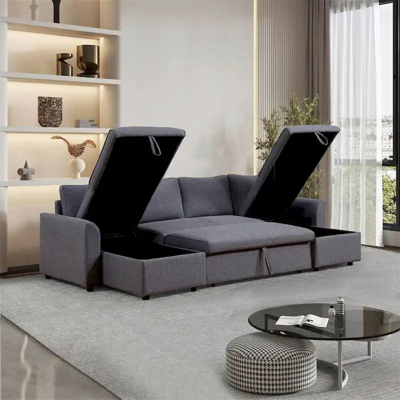 U-Shape Pull-out Sleeper Sectional Sofa with Double Storage Spaces
