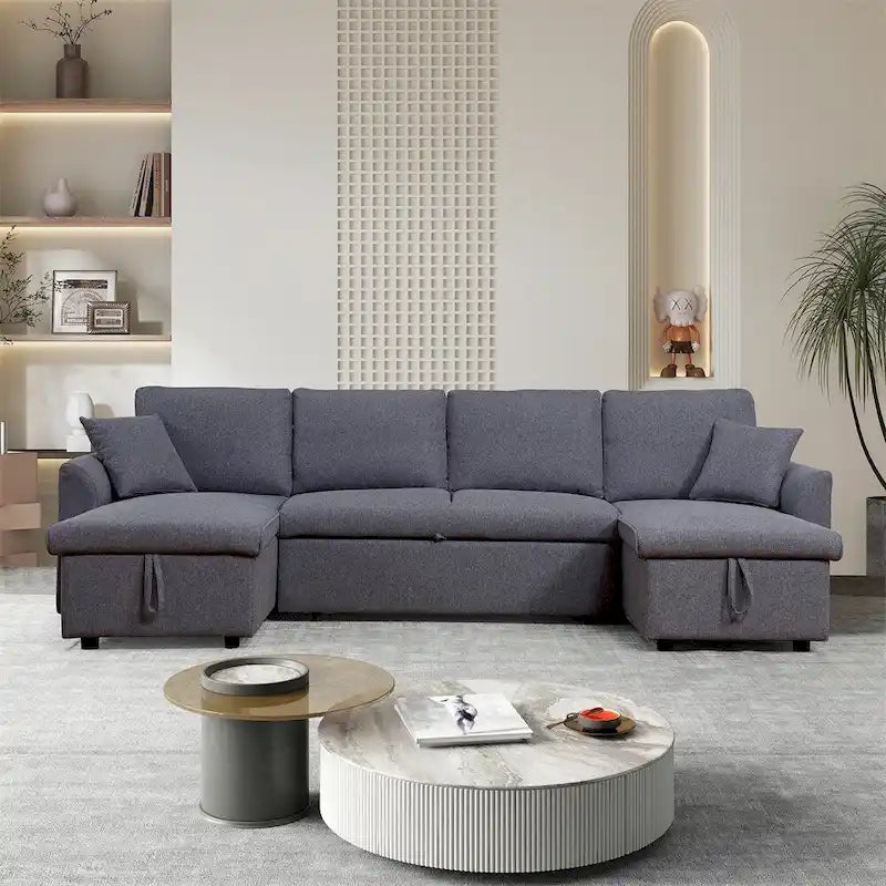 U-Shape Pull-out Sleeper Sectional Sofa with Double Storage Spaces