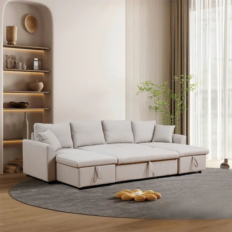 U-Shape Pull-out Sleeper Sectional Sofa with Double Storage Spaces
