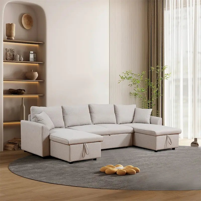 U-Shape Pull-out Sleeper Sectional Sofa with Double Storage Spaces