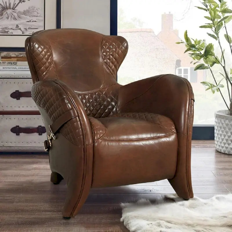 Top Grain Leather Wing Chair, Brown - W31xD34.5xH33.5