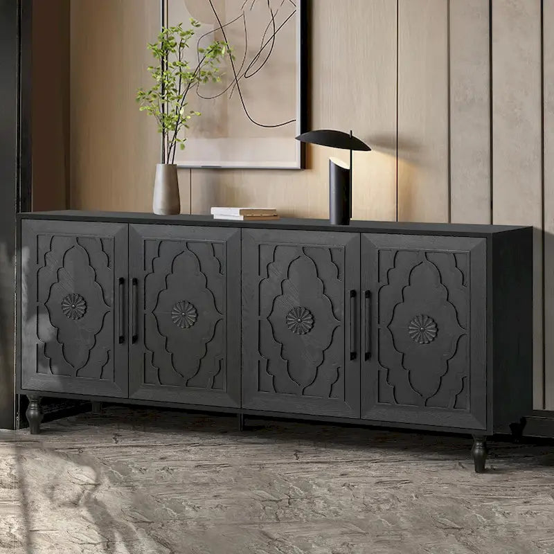 Large Storage Cabinet with Carved Flower Doors and Metal Handles