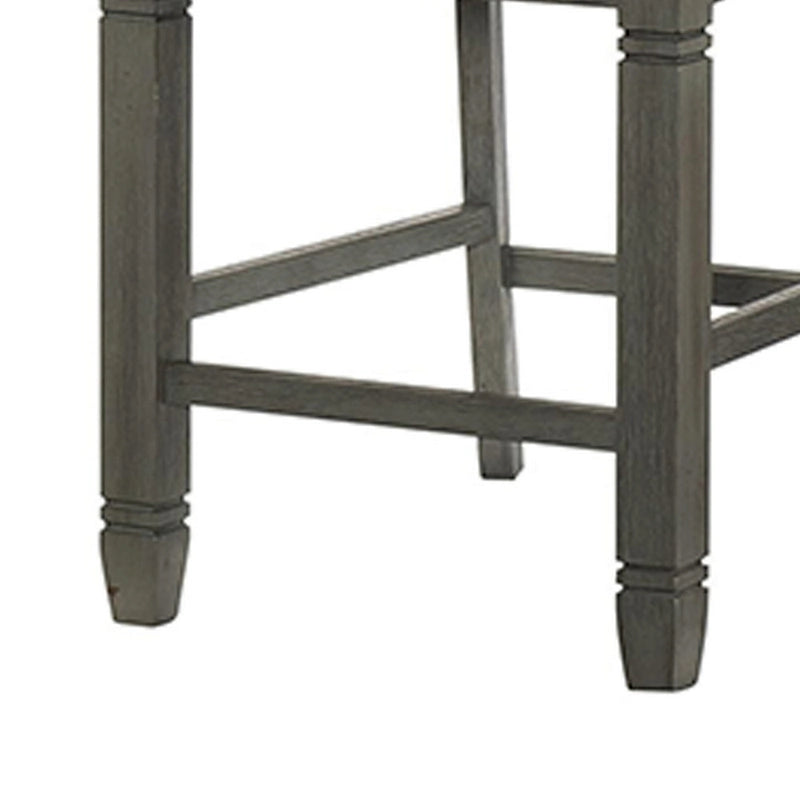 26 Inch Counter Height Chair Set of 2, Slat Back, Gray Wood, Fabric Seat