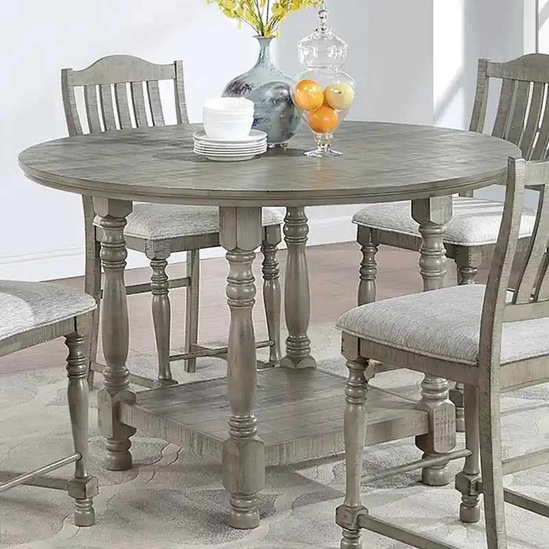 Round Wooden Counter Height Table with 1 Shelf in Light Grey - Light Grey