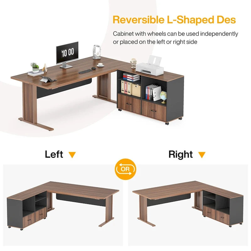 63 L Shaped Executive Computer Desk with Mobile File Storage Cabinet for Home Office Study